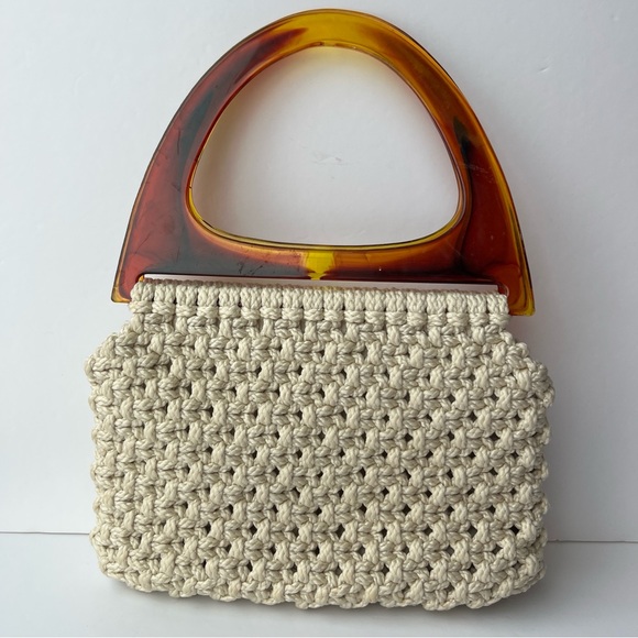 Handbags - 1960/1970’s Crochet Bag with Amber Handle